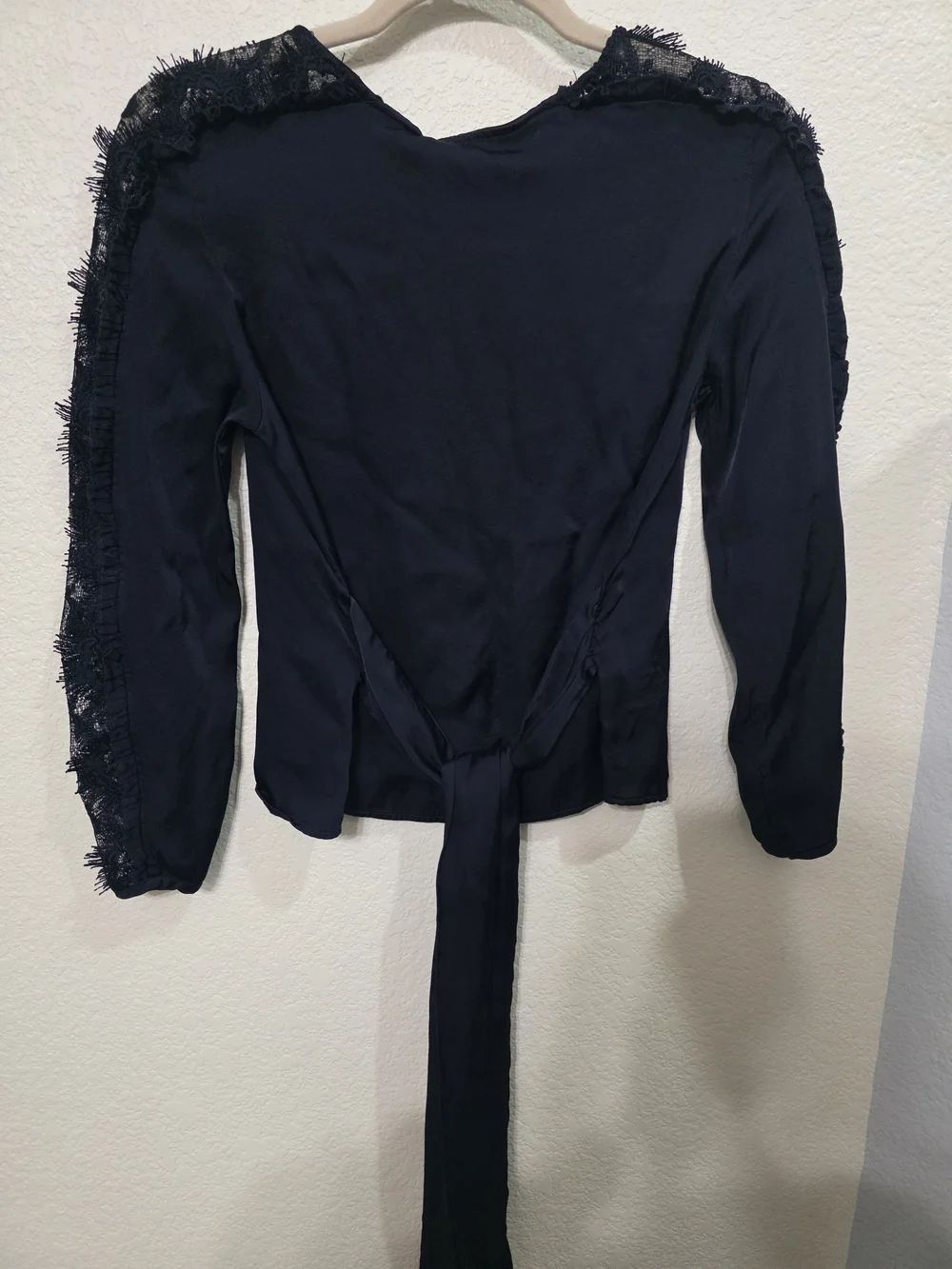 Zara Basic Navy Blue Satin Lace Sleeve Blouse